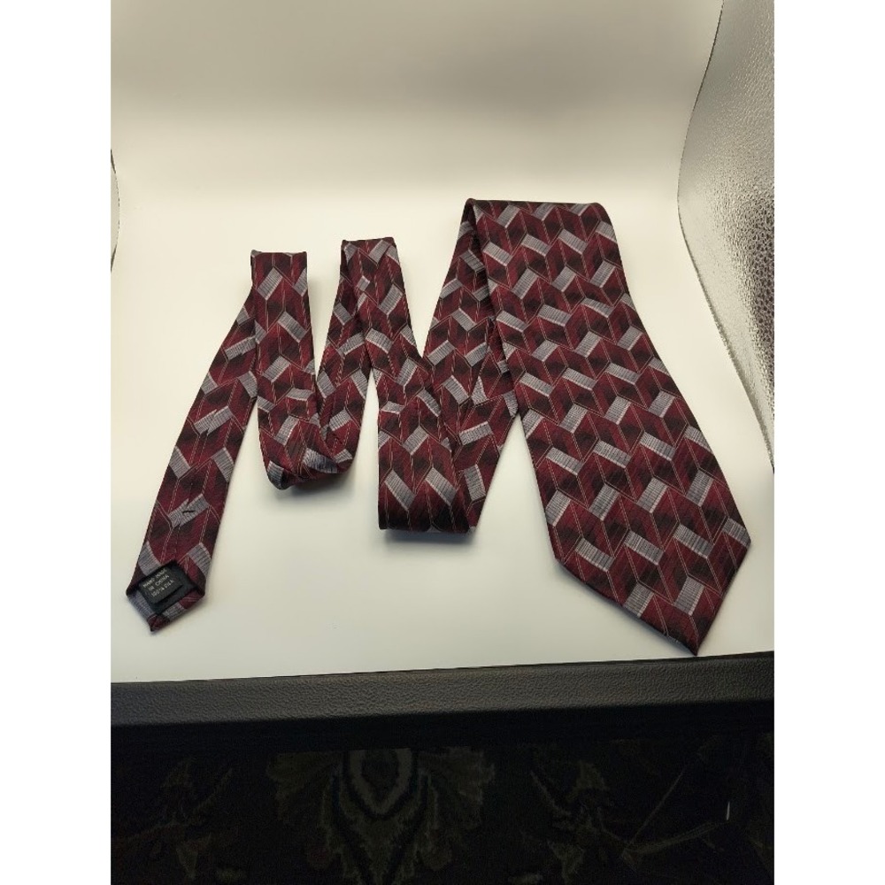 Carlo Palazzi Silk Necktie Burgundy‎ Gray Geometric Design Mens Tie